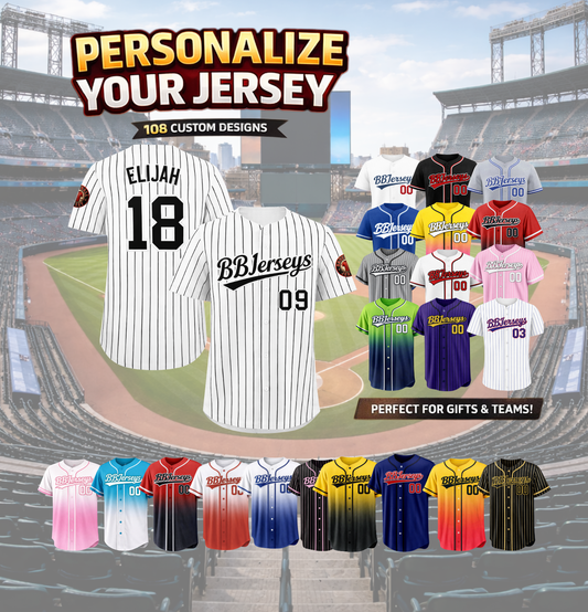 108 Custom Design Baseball Jersey with Personalized Name & Number