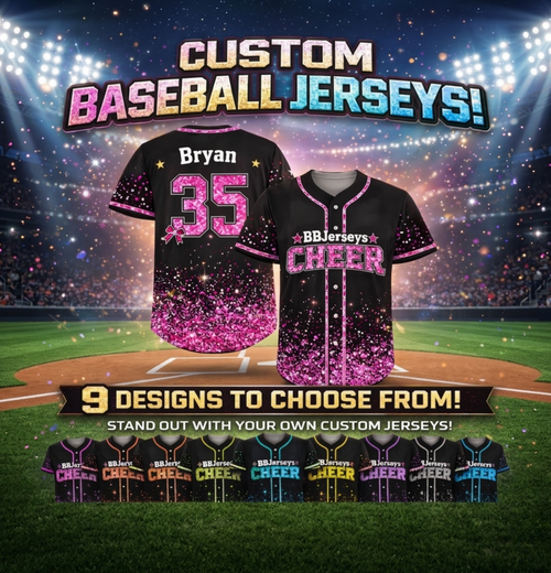 Custom 3D Printed Faux Glitter Baseball Jersey with Personalized Name & Number