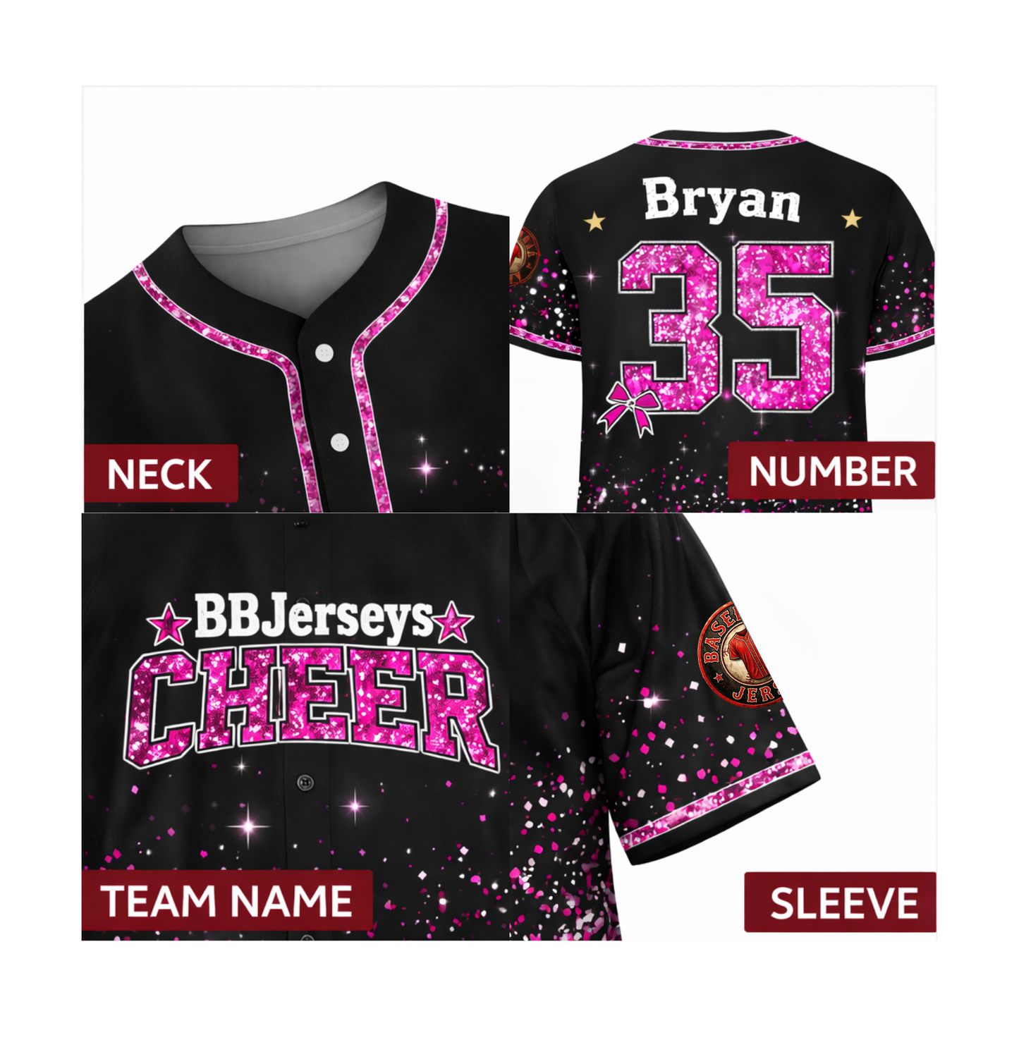 Custom 3D Printed Faux Glitter Baseball Jersey with Personalized Name & Number