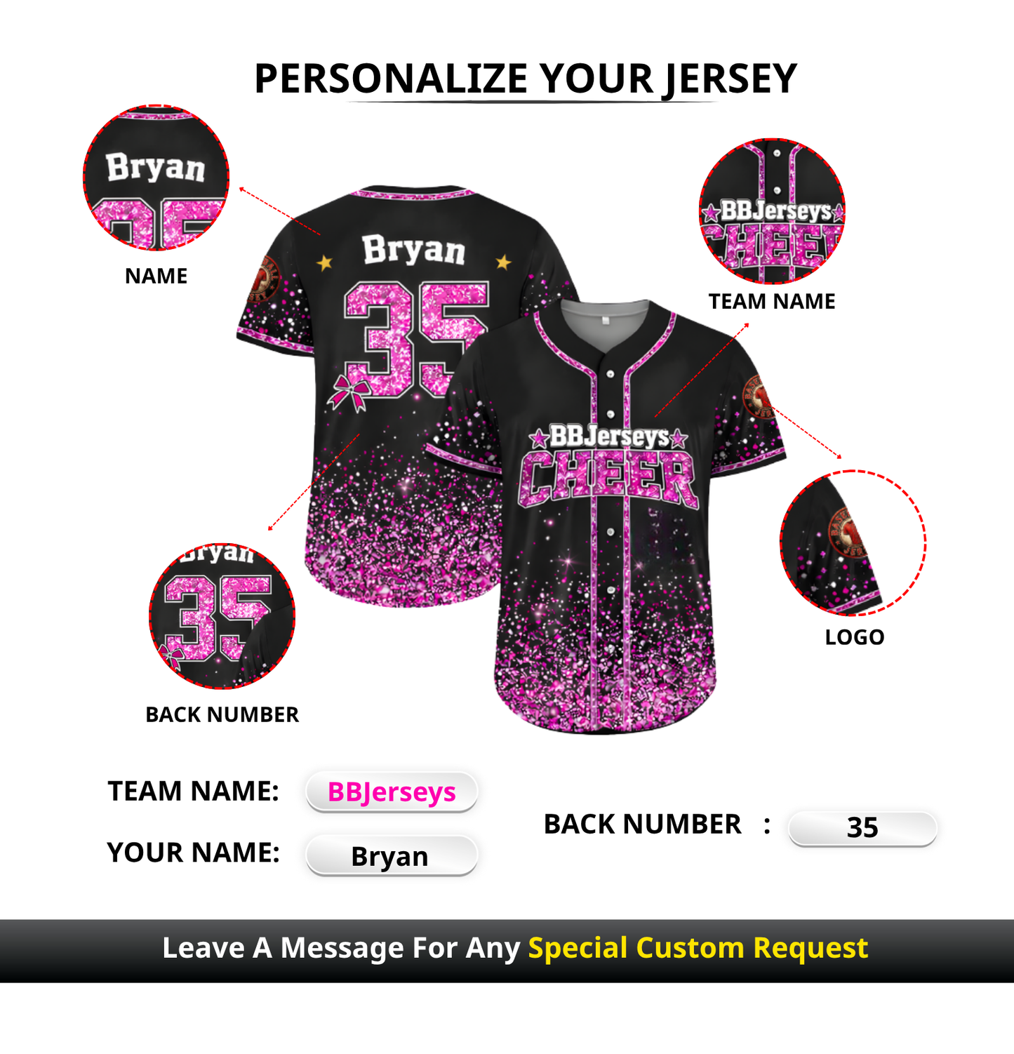 Custom 3D Printed Faux Glitter Baseball Jersey with Personalized Name & Number
