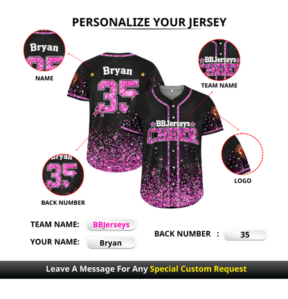 Custom 3D Printed Faux Glitter Baseball Jersey with Personalized Name & Number