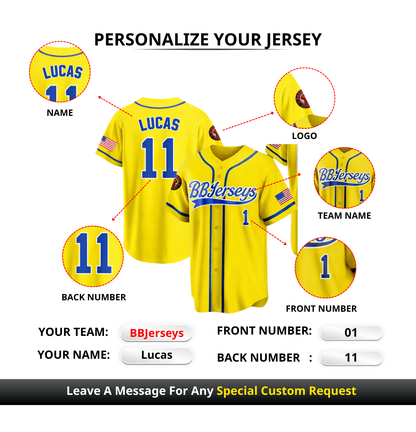 Custom Yellow 3D Printed Logo Baseball Jersey with Personalized Name & Number